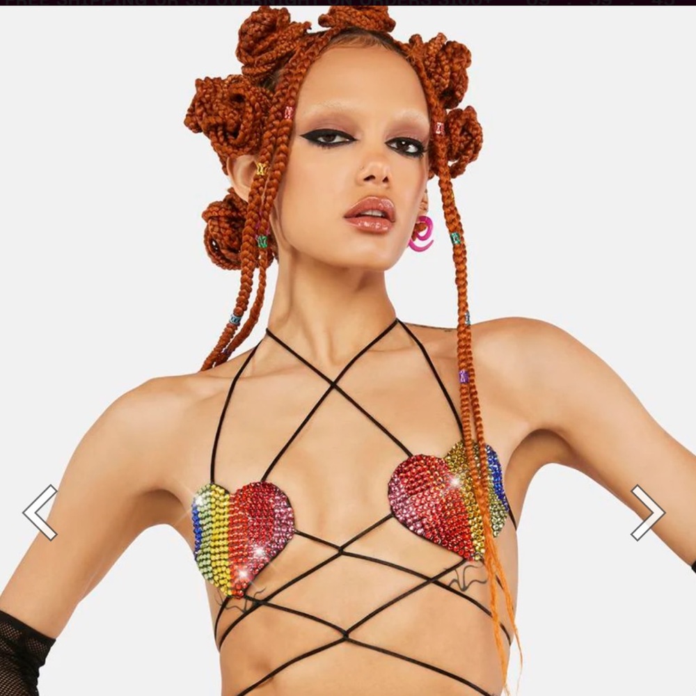 Rainbow rhinestone strappy bra top.